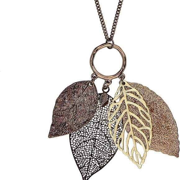 Jewelry - Gold Silver Two Tone Filigree Fall Leaf Pendant Long Necklace Chic Sweater Chain